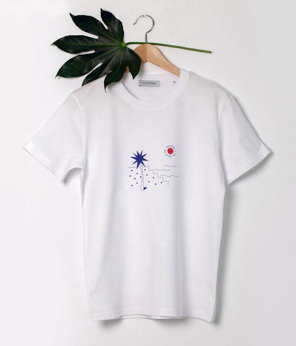White cotton t-shirt with blue palm tree, wavy lines & small red circle with message beachlife is the good life.