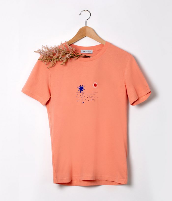 Cotton orange t-shirt with palm tree print by romanian fashion designer Mauverien.