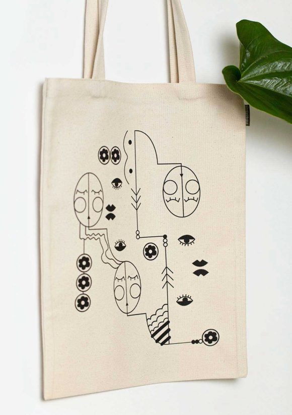 Tote bag with print with flowers and minimalist portraits by Mauverien.
