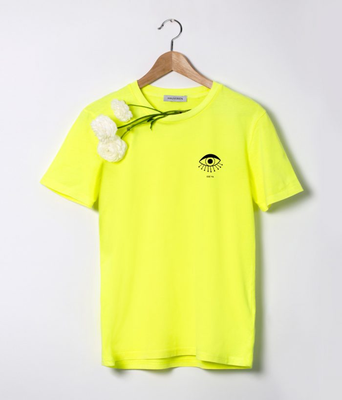 Neon yellow t-shirt with black print of an eye and see ya message.