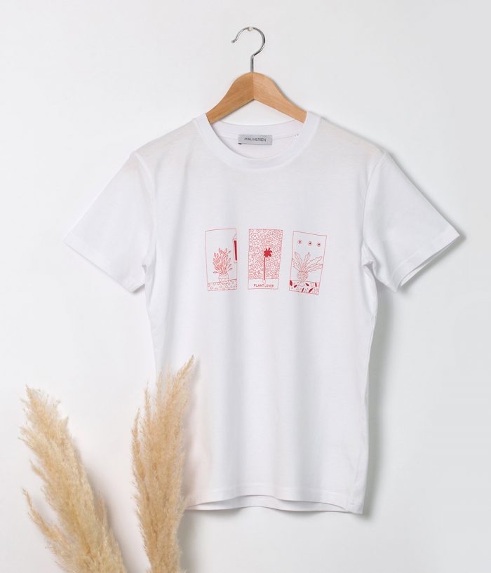 White cotton t-shirt printed with red plants and vases.