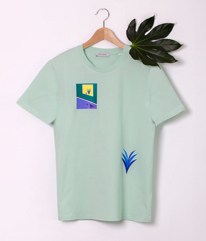 Green organic t-shirt with blue printed plants by Romanian designer Mauverien.