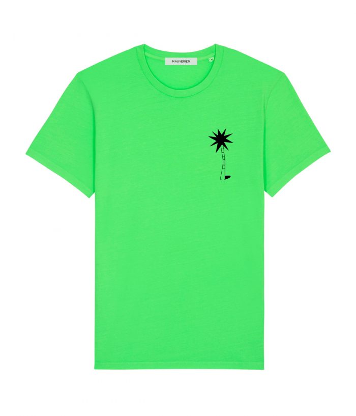 Fata unui tricou verde neon din bumbac pentru barbati printat cu un palmier stilizat negru in partea dreapta sus.