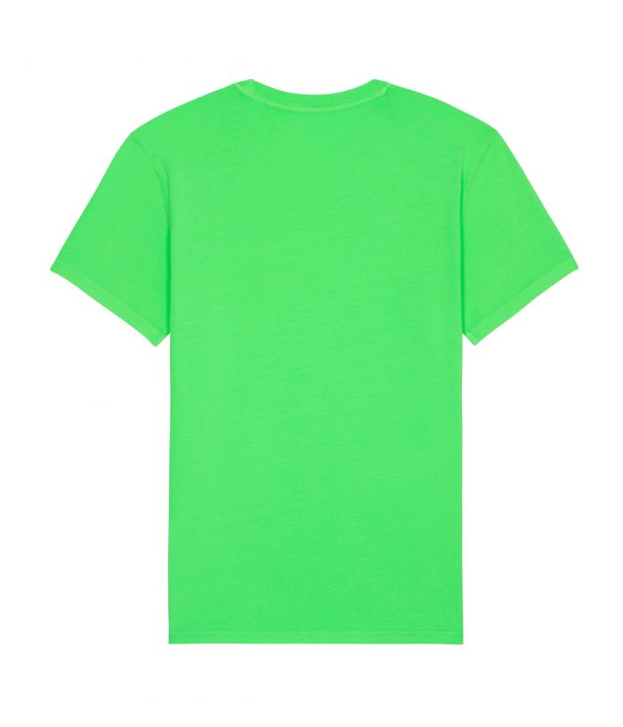 Spatele unui tricou verde neon din bumbac cu maneci scurte si guler rotund.