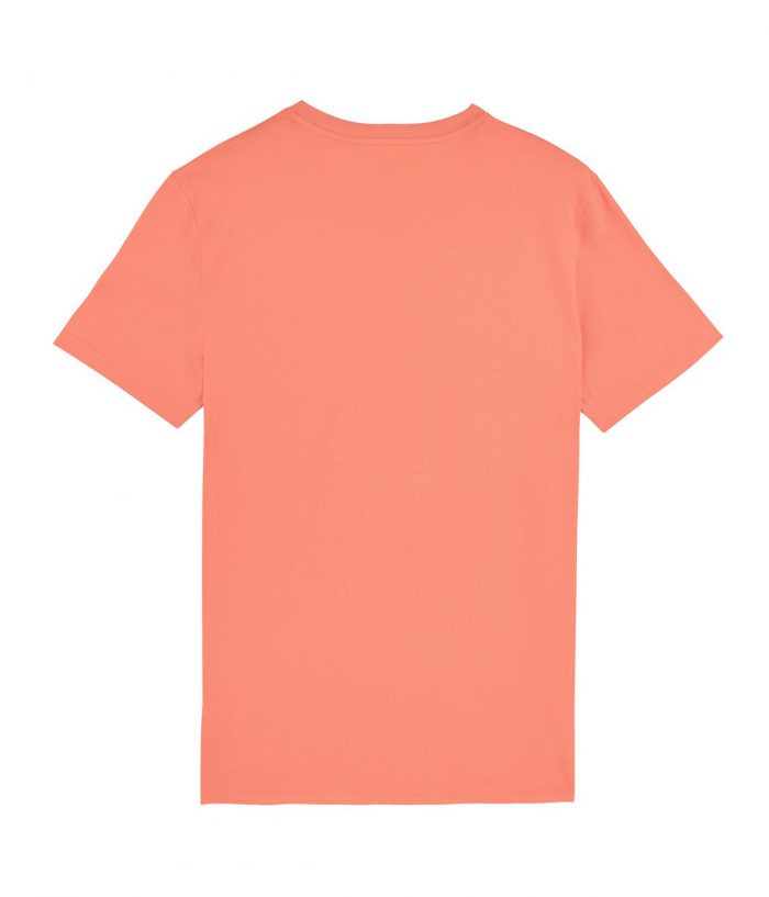 The back of a coral organic cotton Mauverien t-shirt with round neck.