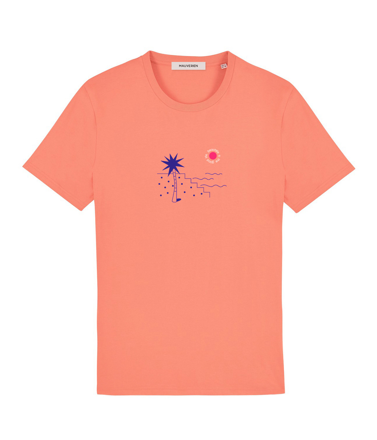 Front of a coral t-shirt with blue palm tree and the beachlife is the good life message placed around a small red circle.