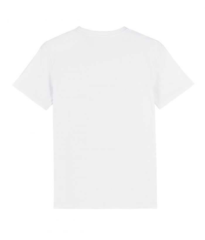 Back of white organic cotton t-shirt with round neck and short sleeves.