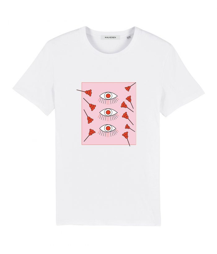 White cotton t-shirt with print of 3 eyes in red and pink placed in a rectangle.