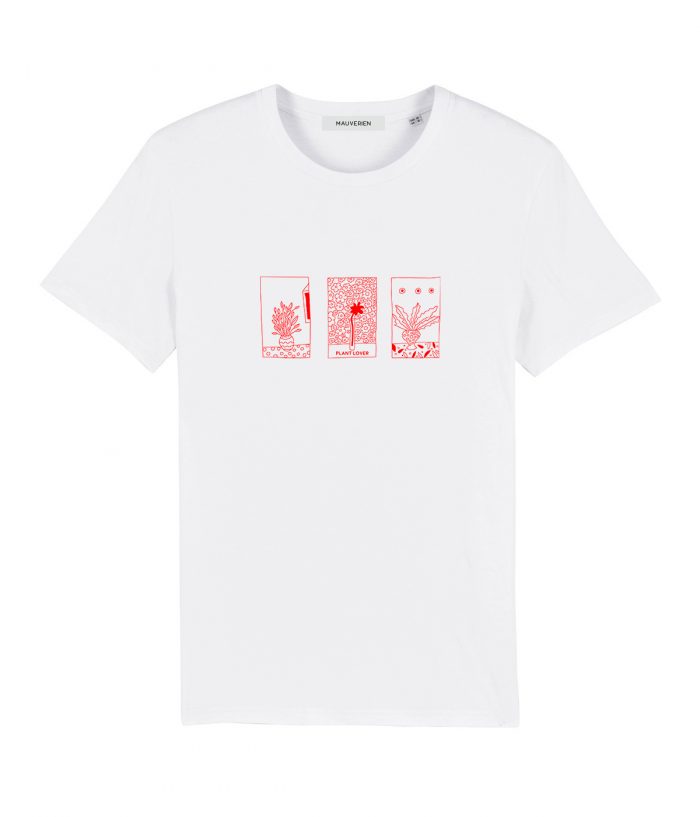 White organic cotton t-shirt with print of plants colored in red.