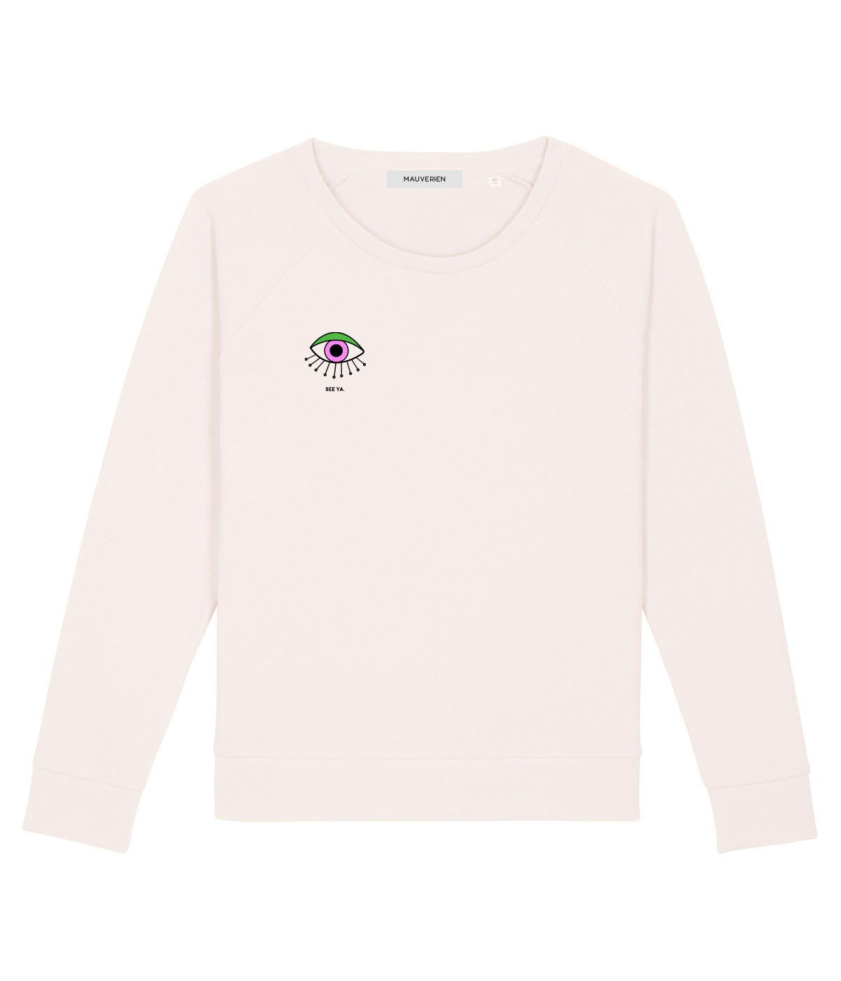 The front of a beige cotton sweatshirt printed with one eye colored in purple and green and placed in the top right.