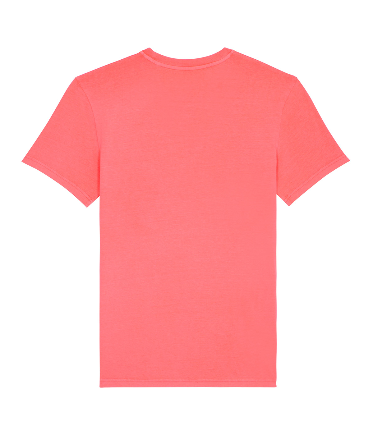 Back of pink cotton t-shirt with round neck and short sleeves.