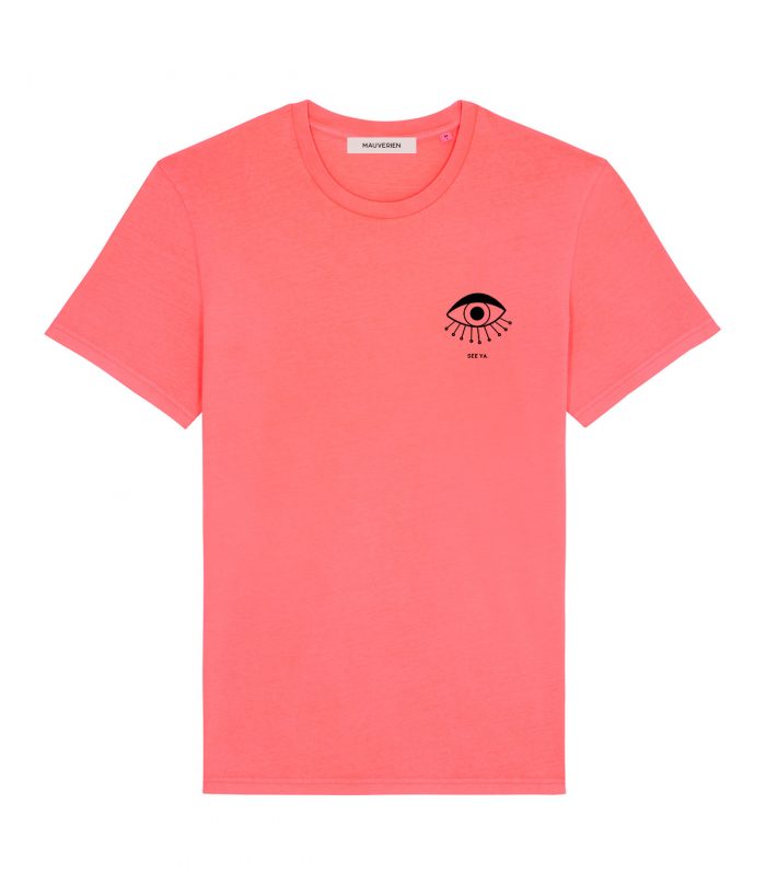 Neon pink cotton t-shirt with black print of an eye with see ya message placed in the upper-left.