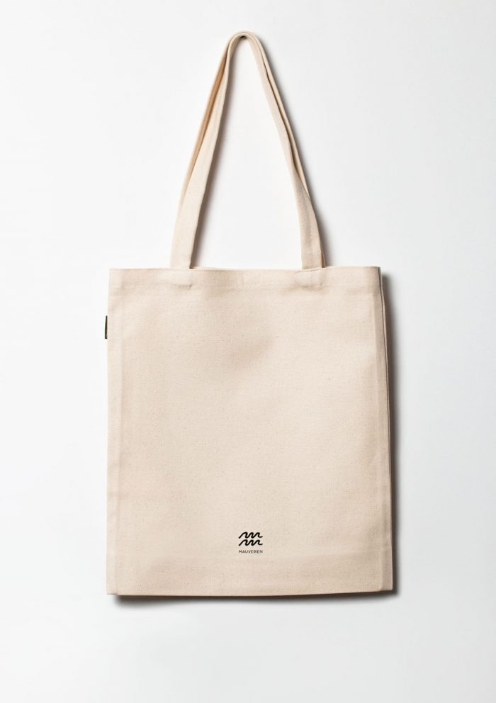 The back of the beige cotton tote bag Summertime with Mauverien black logo printed at the bottom center of the tote bag.