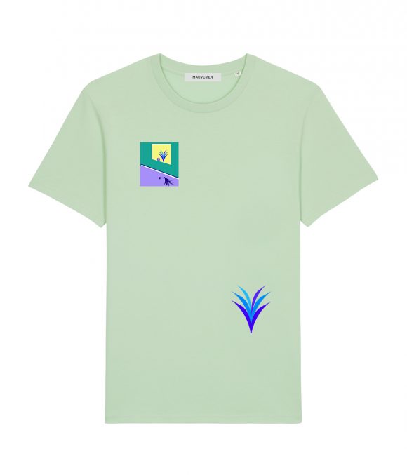 Green cotton t-shirt with blue plants print by Romanian designer Mauverien.