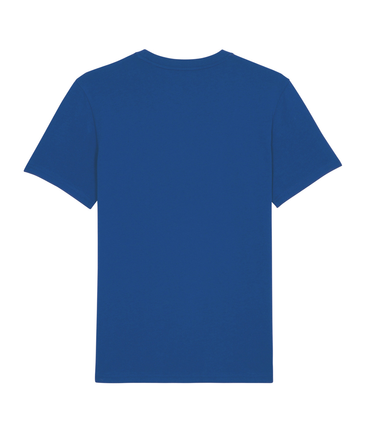 The back of a blue organic cotton t-shirt, unisex fit and round neck, designed by Mauverien.