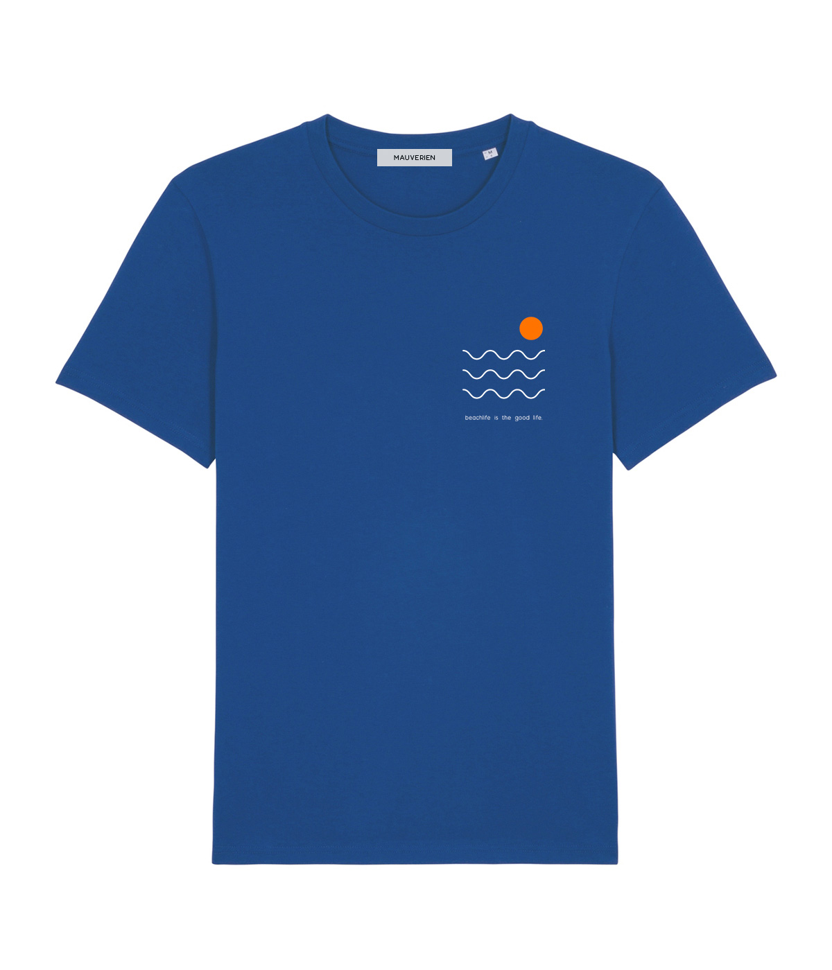 Blue cotton t-shirt with 3 wavy lines, orange circle & the message beachlife is the good life, printed top left.