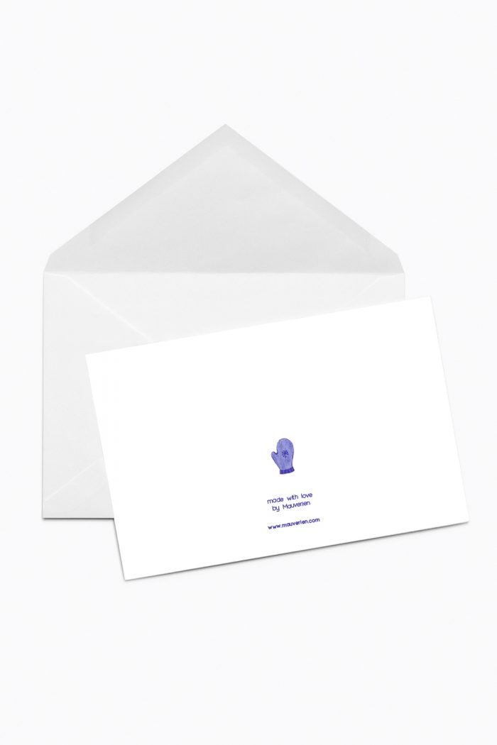 The back of a Christmas card with blue glove illustrated on white background.