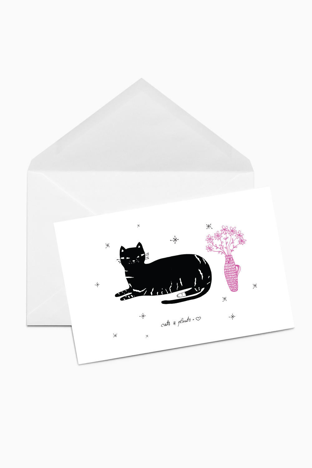 Greeting card illustrated with a black cat and pink flowers on white background.