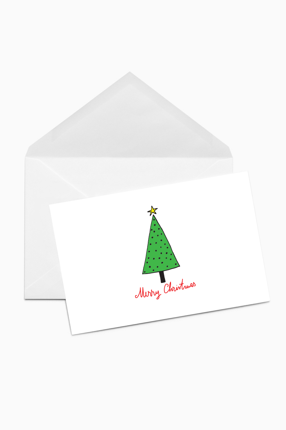 Christmas card illustrated with green Christmas tree and a merry Christmas message.