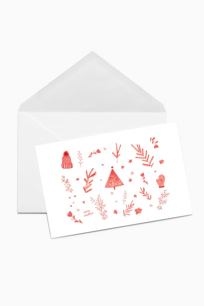 The front of a Christmas card illustrated with red elements.