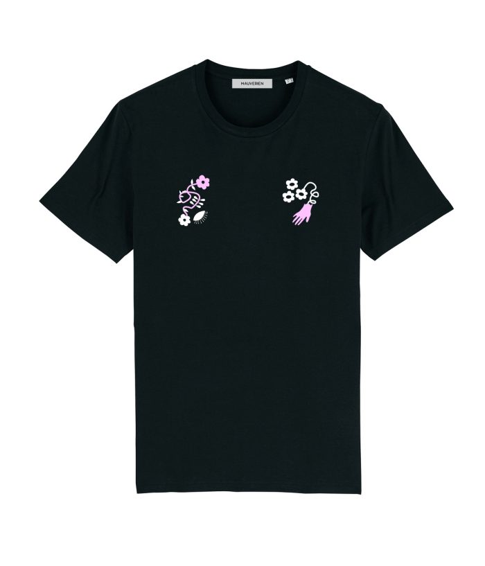 Black cotton t-shirt with pink and white floral print by Romanian designer.