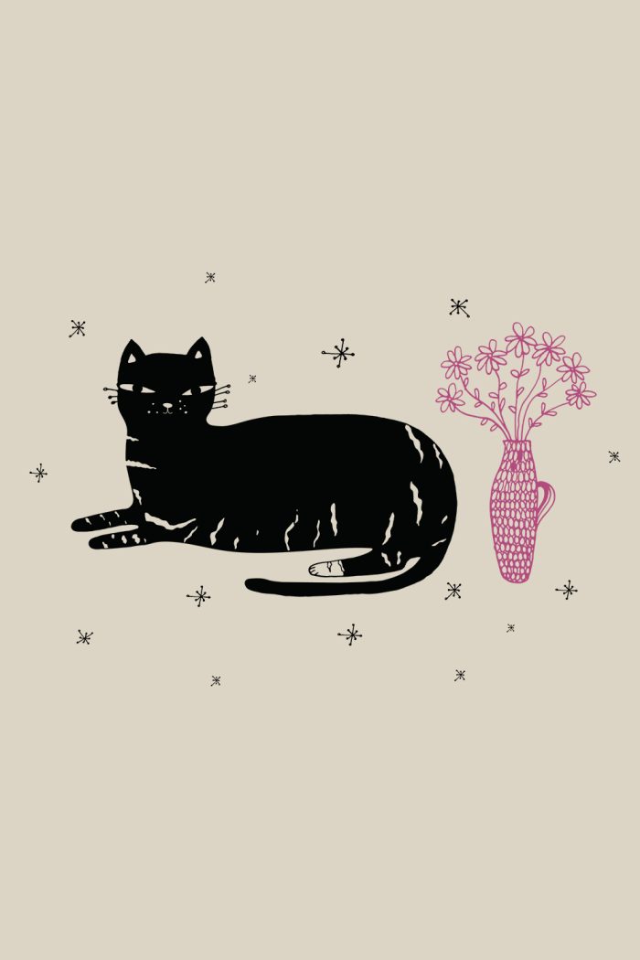 Black cat and pink vase with flowers printed on the cotton tote bag by Mauverien.