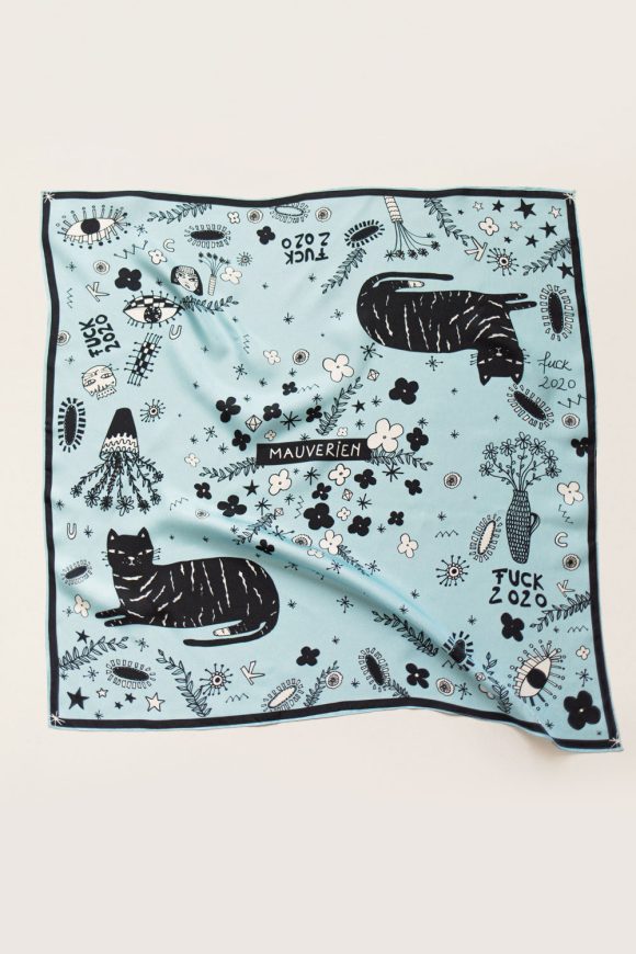 Light blue silk scarf with black cats and floral graphics by Romanian designer Mauverien.