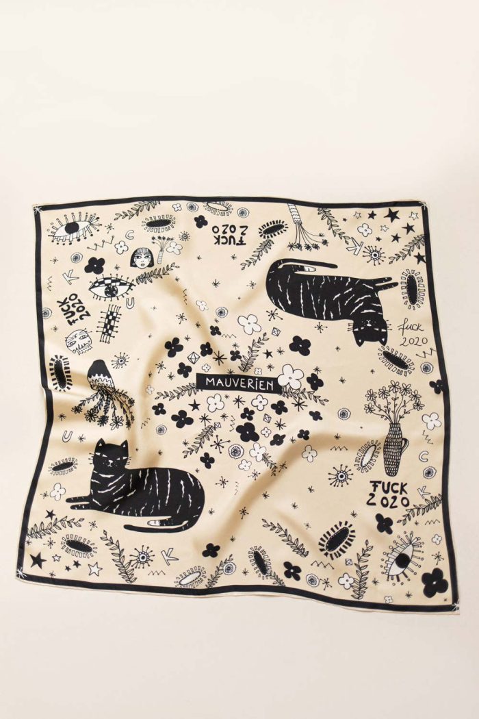 Beige silk scarf with black cats and flowers illustration by Mauverien.