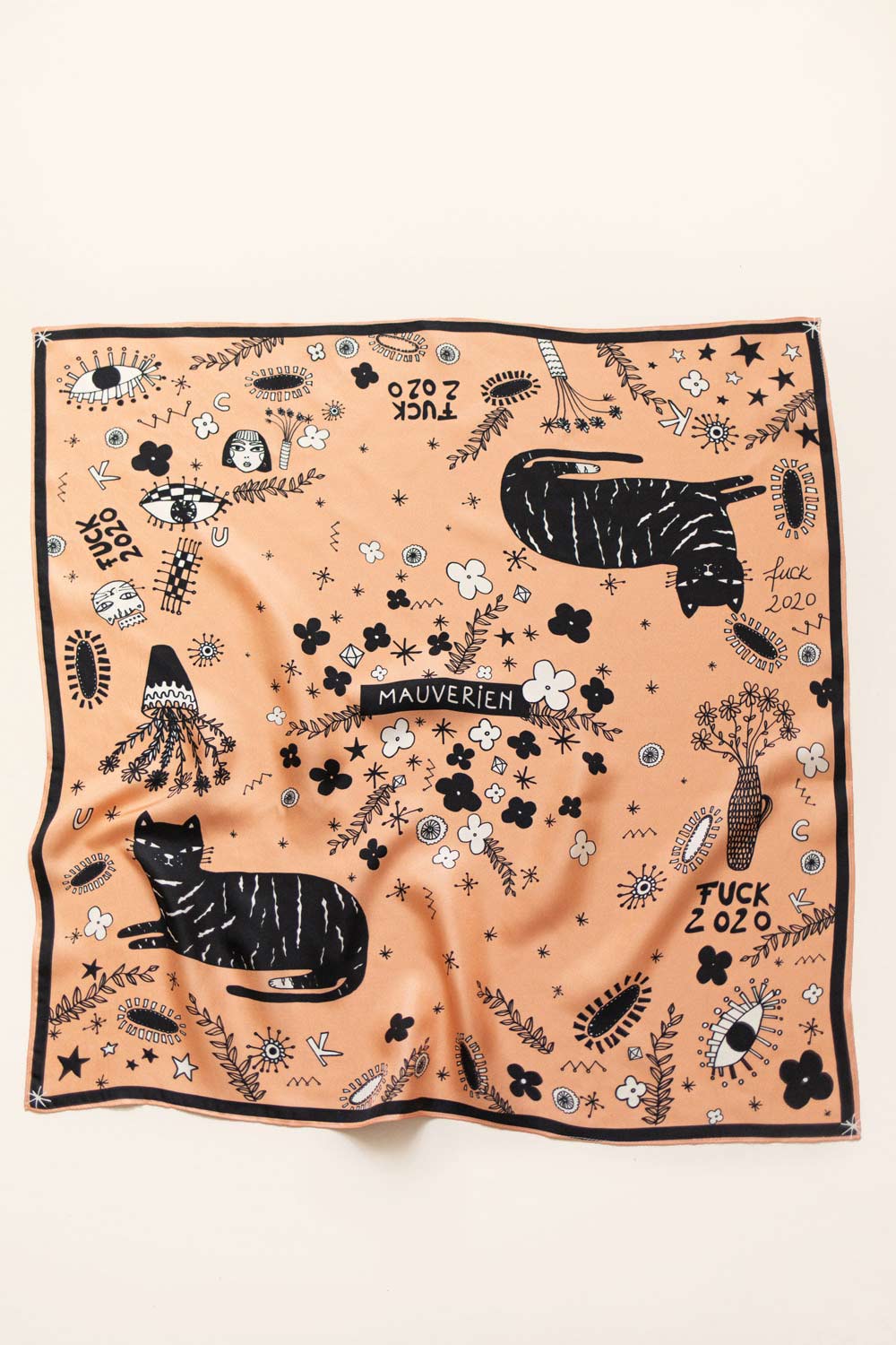 Twill silk scarf with black cats and flowers on pastel orange background.