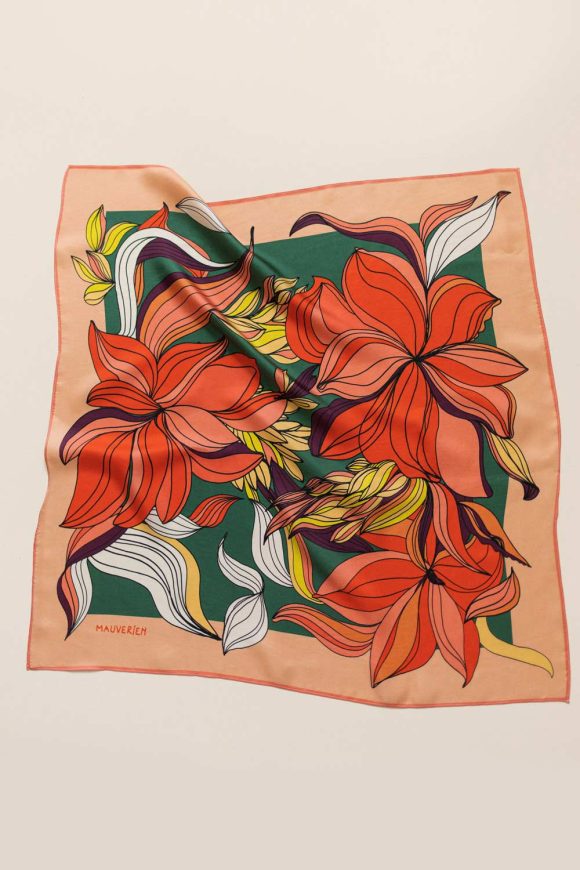 Silk scarf In Bloom with red floral pattern and green background from Mauverien.