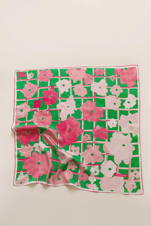 Silk scarf with pink floral pattern and green background by Mauverien.