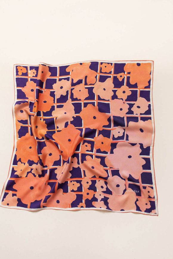 Silk scarf with orange floral pattern & purple background from Mauverien.