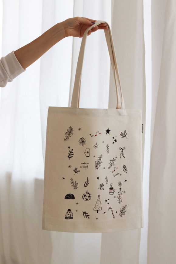 Cotton tote bag with winter festive print by Mauverien.