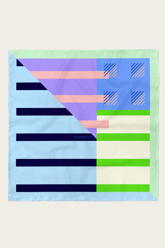 Silk scarf with blue and green stripes by Mauverien.
