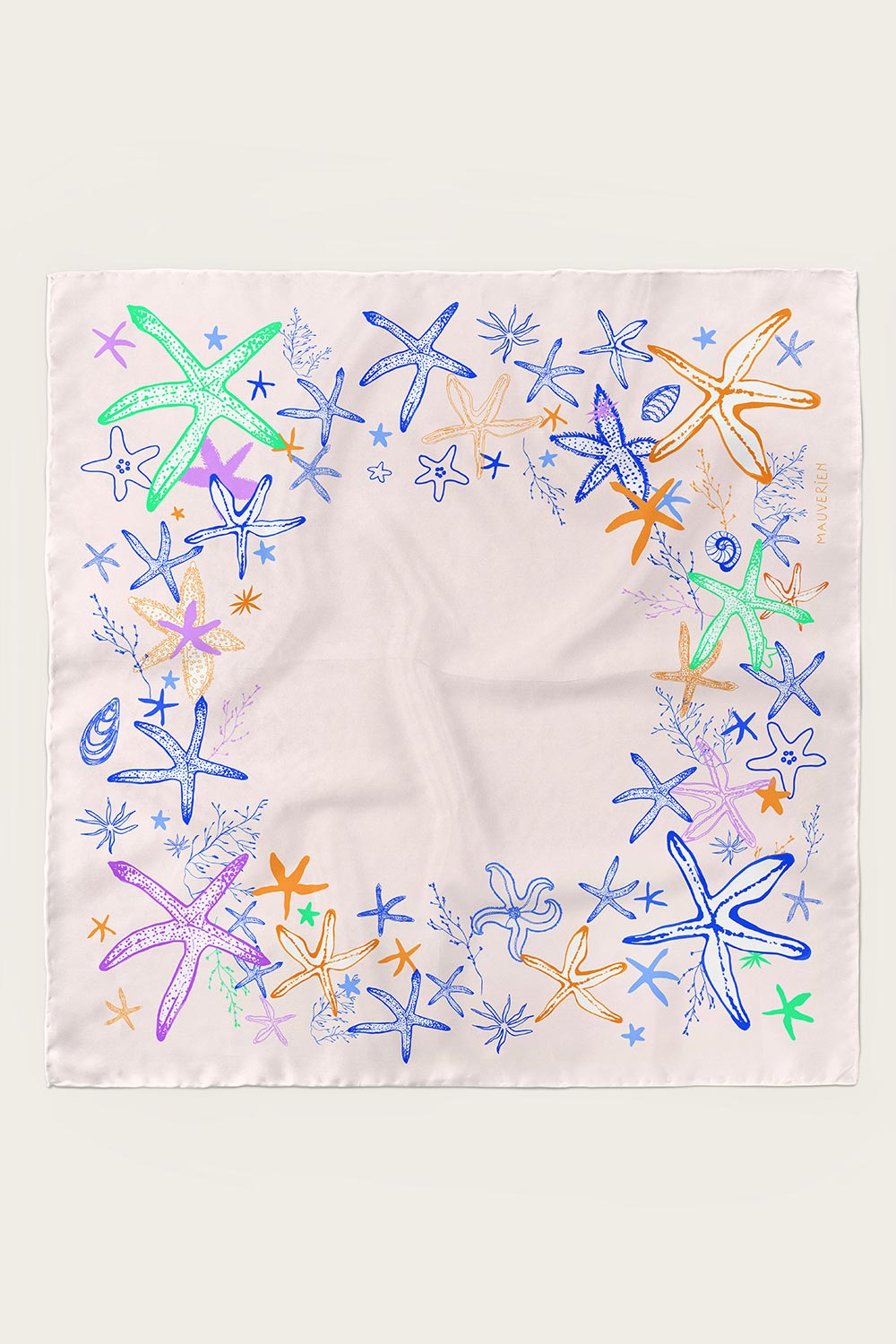 Beige silk scarf Pale Ocean with multicoloured starfish graphic by Mauverien.