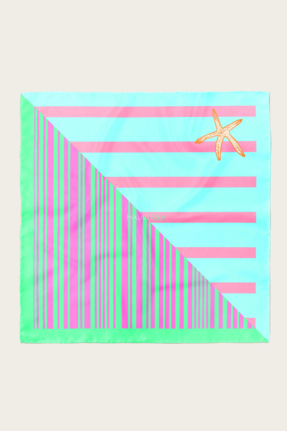 Pink and green striped twill silk scarf with starfish graphic by Mauverien.