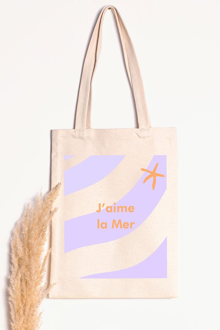J'aime la mer purple and orange cotton tote bag by Mauverien, made in Romania,