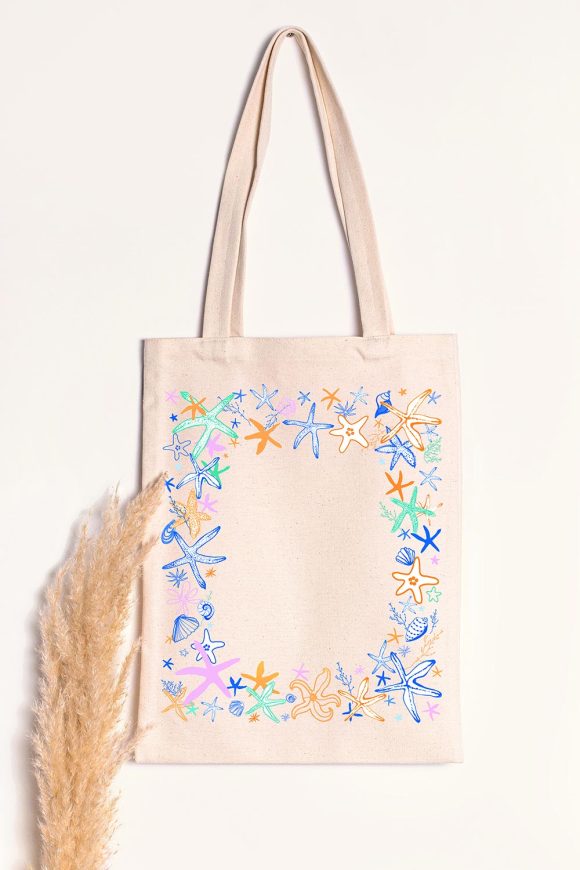 Cotton tote bag with multicoloured sea stars print hand illustrated by romanian designer Mauverien.