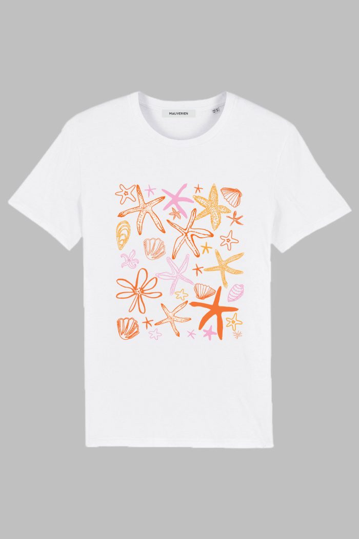White cotton t-shirt with orange and red sea stars and shells print.