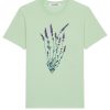 Mint green t-shirt with lavender print on front by Romanian fashion designer Mauverien.