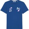 Blue organic cotton t-shirt with pink and white print by Mauverien.