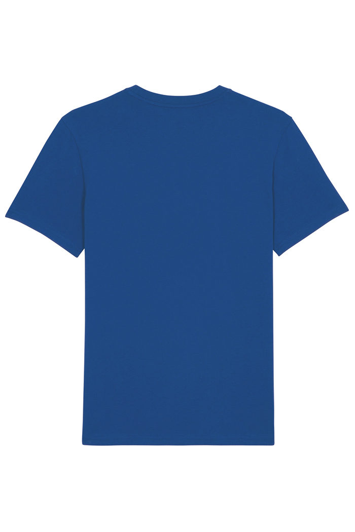 Back of blue cotton t-shirt by Romanian brand Mauverien.