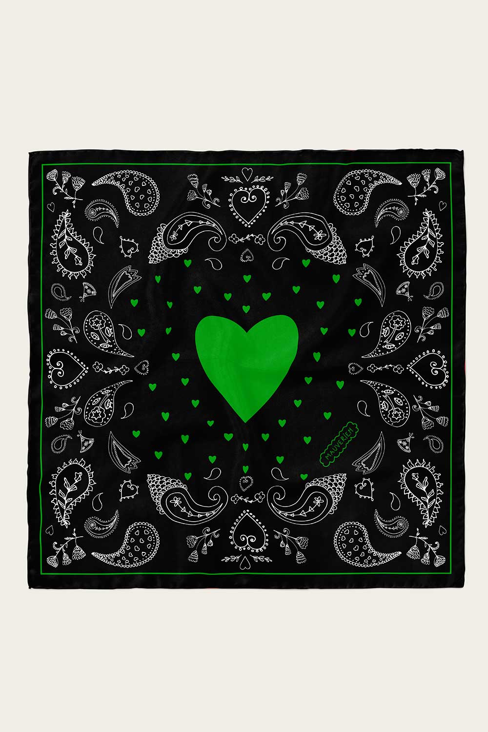 Silk scarf dark love with white and green paisley motif on black background by Mauverien.