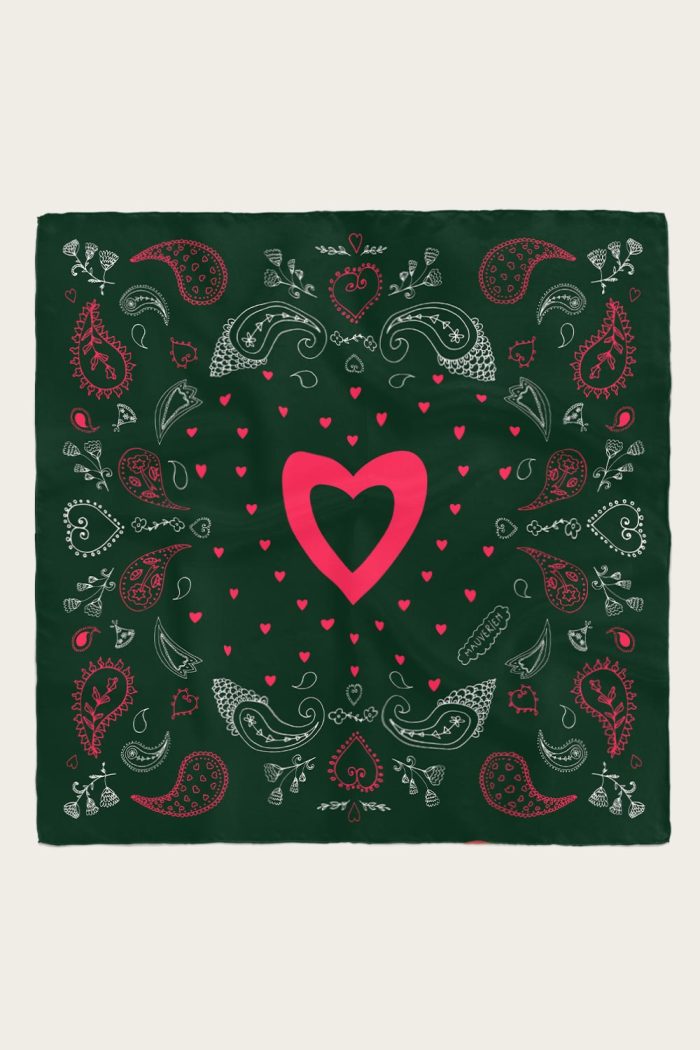 Emerald green silk scarf with paisley pattern in white and pink by Mauverien.