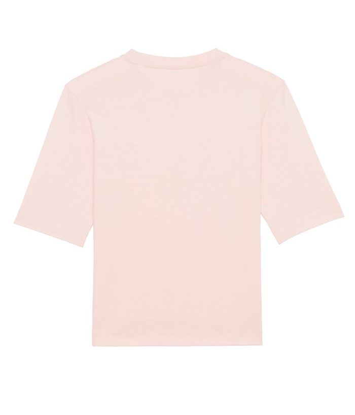 Back of light pink cotton t-shirt with oversized fit.