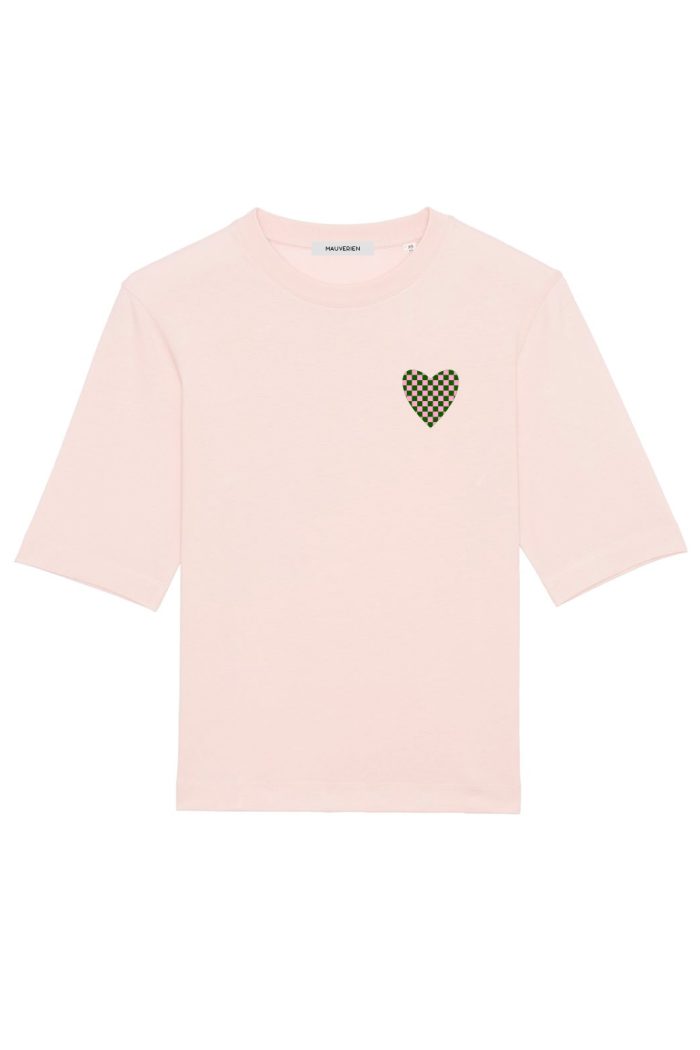 Light pink cotton t-shirt with heart print by Romanian brand Mauverien.