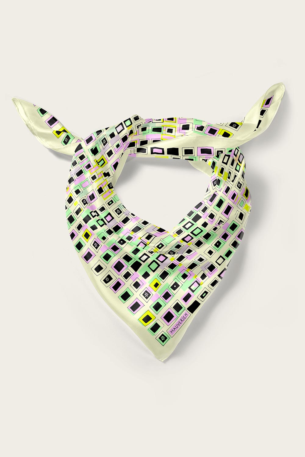 Folded retro squares silk scarf by Romanian designer Mauverien.