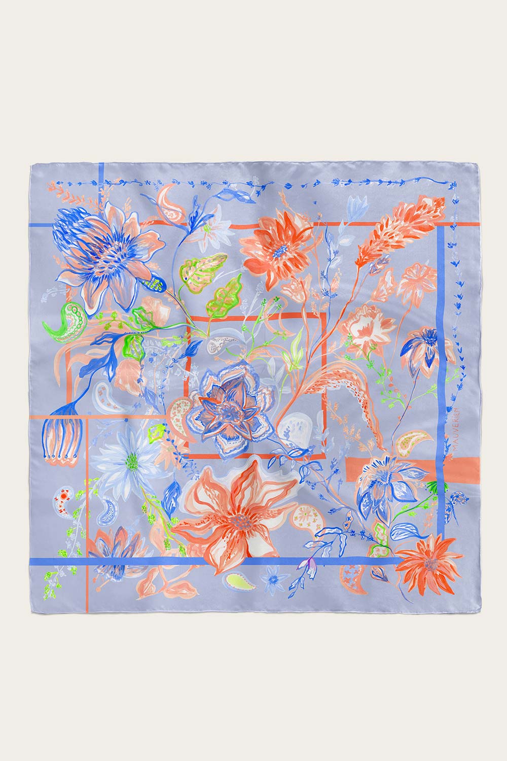 Silk scarf with orange and green flowers on blue background by Mauverien.