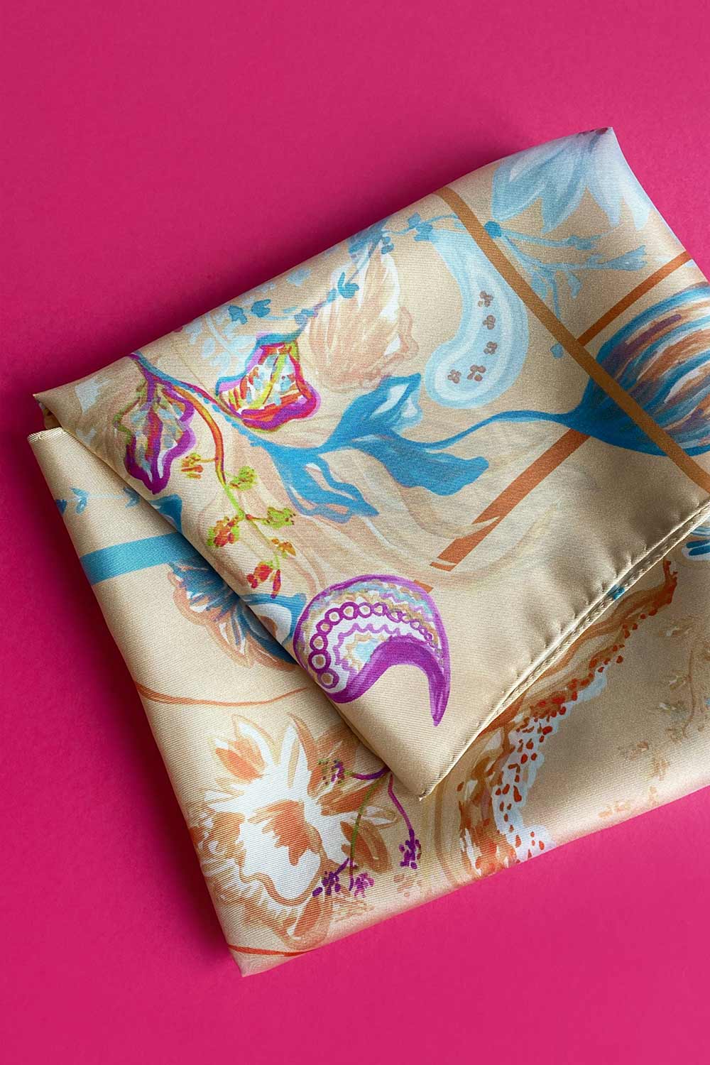 Folded romantic beige floral twill silk scarf by Mauverien.