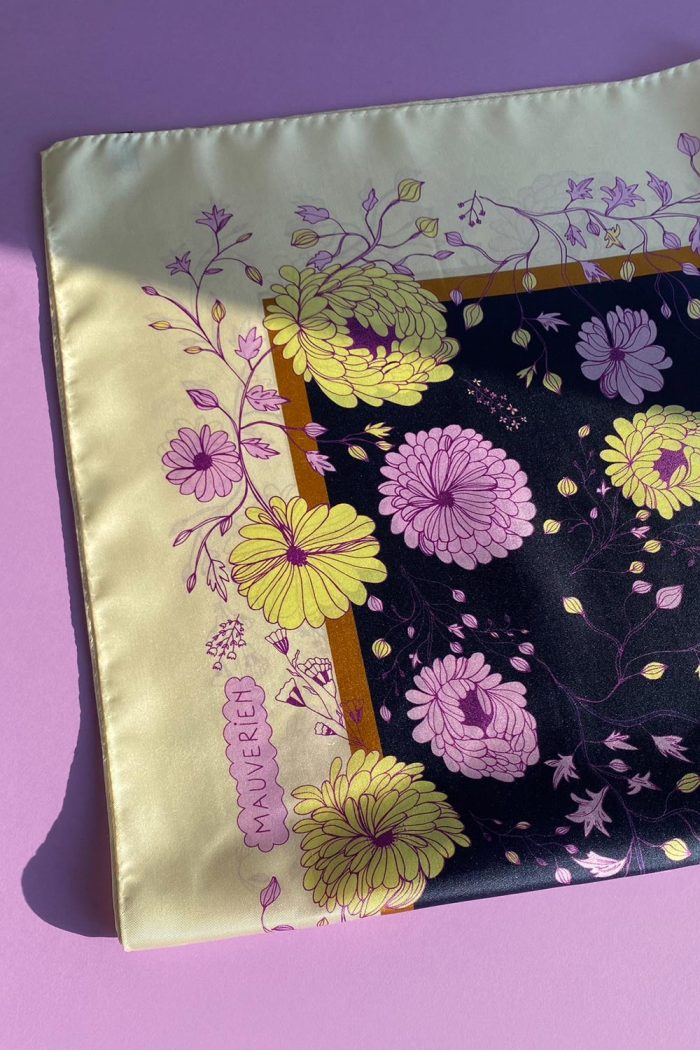 Detail of Mauverien's Chrysanthemum Beige & Purple Floral Large Silk Scarf.